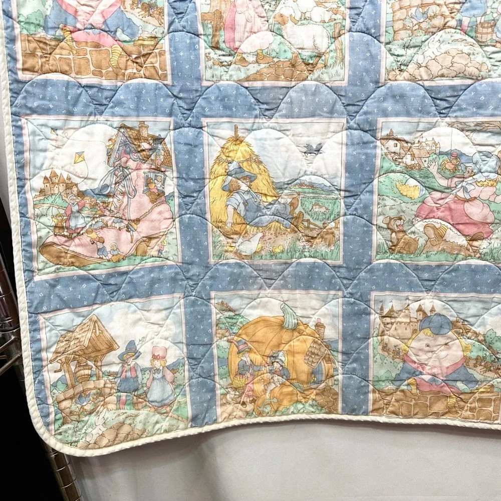 Vintage Nursery Rhymes Quilt Kids Storybook Blanket Mother Goose Pillow Pocket‎
